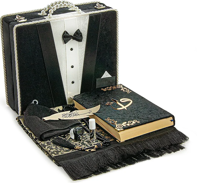 ايهفان Quran Religious Gift Dowry Prayer Rug Set Suitable for Groom's Boxed Pack Black