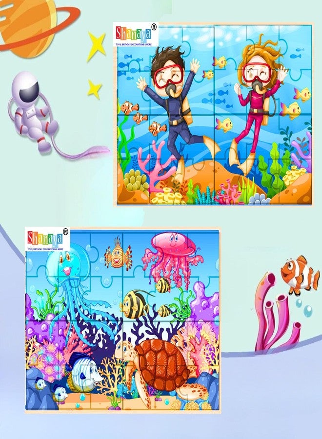 SHANAYA 36 Pieces Wooden Jigsaw Puzzle Kids Cartoon Animal Vehicle Puzzles Games Baby Early Learning Educational Toys for Children 2 Sided Puzzle (Children Scuba Diving + Sea World Ocean Animals) - Image 1
