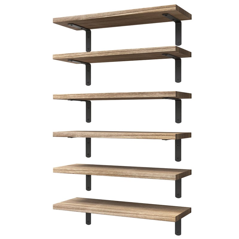 WOPITUES Wood Floating Shelves Set of 6 Shelves for Wall Decor Farmhouse Shelf for Bedroom Bathroom Storage Shelves Book Shelves for Living Room Rustic Brown