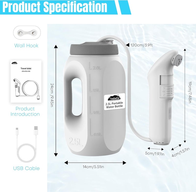 Teabelle Portable High Pressure Electric Bidet with 2.5L Water Bottle, USB-C Rechargeable Travel Bidet, Waterproof Handheld Sprayer for Personal Hygiene & Baby Care - Image 2