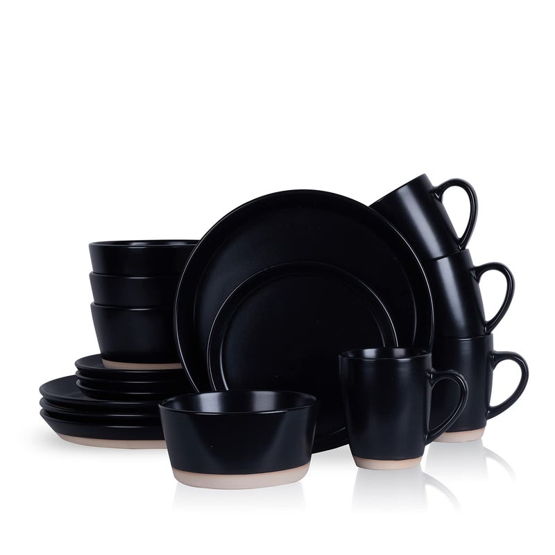 Stone Lain Jules Modern Stoneware 16piece Round Black Dinnerware Set Plates and Bowls Sets Dish Set for 4 Black