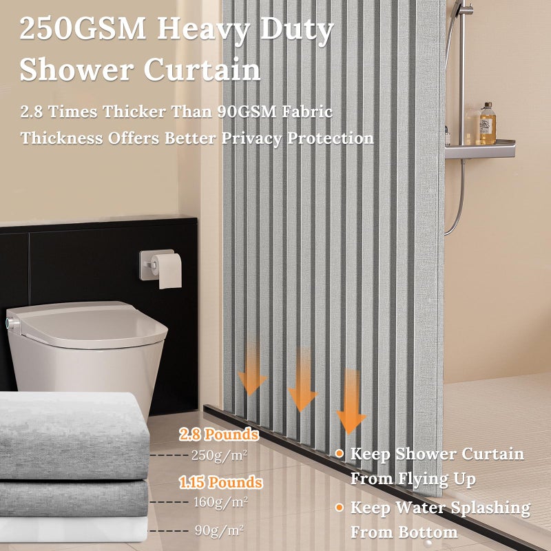 South To East South to East Waterproof Shower Curtain, NO Liner Needed, Heavy Duty Folding Linen Shower Curtain, 72x80 Magnetic Fabric Shower Curtain Sets for Bathroom, Stainless Steel Hooks, Grey  - Image 2