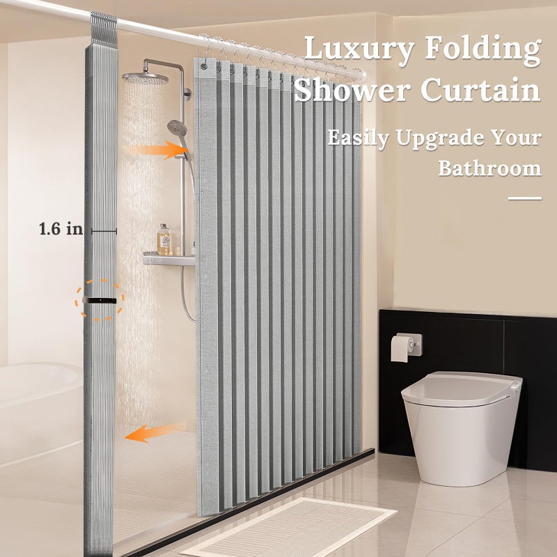 South To East South to East Waterproof Shower Curtain, NO Liner Needed, Heavy Duty Folding Linen Shower Curtain, 72x80 Magnetic Fabric Shower Curtain Sets for Bathroom, Stainless Steel Hooks, Grey  - Image 5