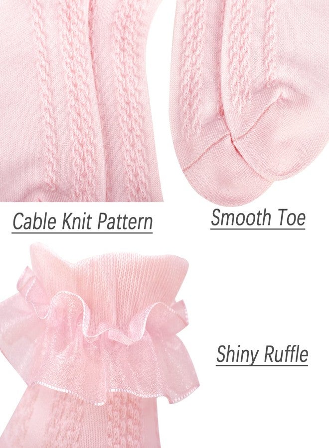Mini angel Girls Ruffle Socks Frilly Lace Socks Cable Knit Princess Dress Socks for Toddler Girls 2-4 Years, 3 Pairs (White, Green Pink, S) - Image 4