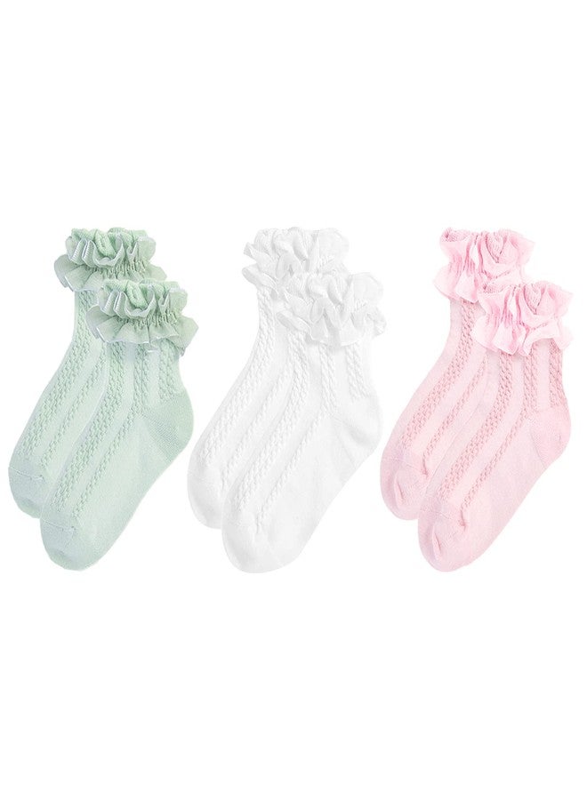 Mini angel Girls Ruffle Socks Frilly Lace Socks Cable Knit Princess Dress Socks for Toddler Girls 2-4 Years, 3 Pairs (White, Green Pink, S) - Image 1