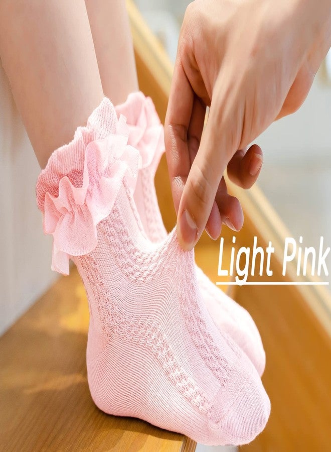 Mini angel Girls Ruffle Socks Frilly Lace Socks Cable Knit Princess Dress Socks for Toddler Girls 2-4 Years, 3 Pairs (White, Green Pink, S) - Image 3