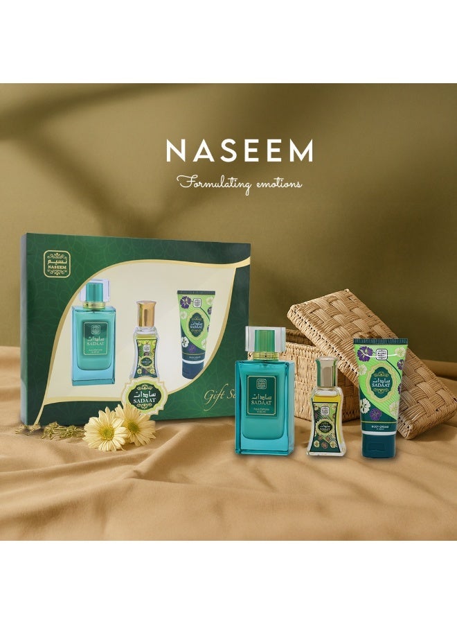 Naseem Sadaat Exclusive Gift Set 3pcs -(Eau De Parfum, Roll-On Perfume Oil & Body Cream) - Image 3