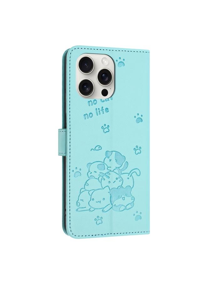 S-TOP Case For iPhone 16 Pro Embossed Kitten Phone Leather Case with Lanyard - Image 3