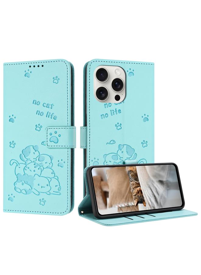 S-TOP Case For iPhone 16 Pro Embossed Kitten Phone Leather Case with Lanyard - Image 1
