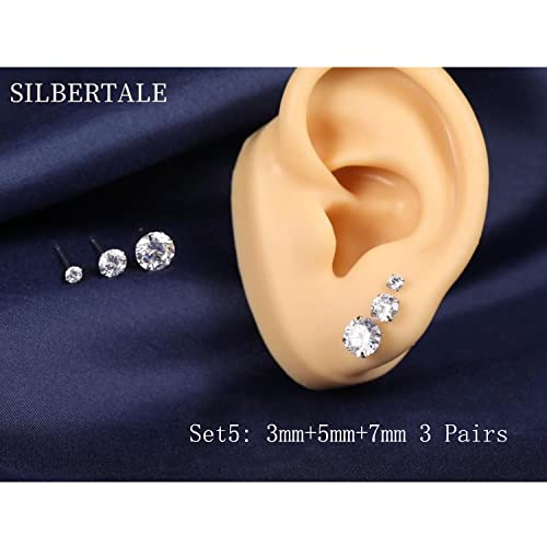 SILBERTALE 3 Pairs 925 Sterling Silver Cubic Zirconia Stud Earrings 3mm-5mm-7mm Set Men Women - Image 3