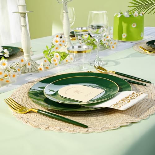Bestluck 350 Pieces Green Gold Plastic Dinnerware Set, Gold Disposable Plates for Party, Include 100 Green Plates with 150 Plastic Cutlery, 50 Napkins and 50 Cups - Image 4