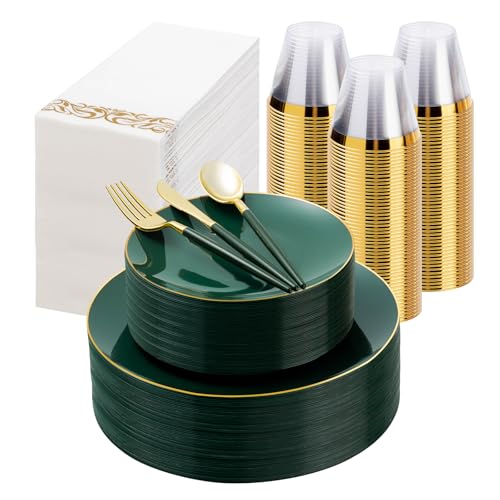Bestluck 350 Pieces Green Gold Plastic Dinnerware Set, Gold Disposable Plates for Party, Include 100 Green Plates with 150 Plastic Cutlery, 50 Napkins and 50 Cups - Image 1