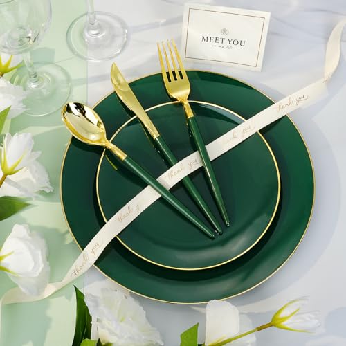 Bestluck 350 Pieces Green Gold Plastic Dinnerware Set, Gold Disposable Plates for Party, Include 100 Green Plates with 150 Plastic Cutlery, 50 Napkins and 50 Cups - Image 3