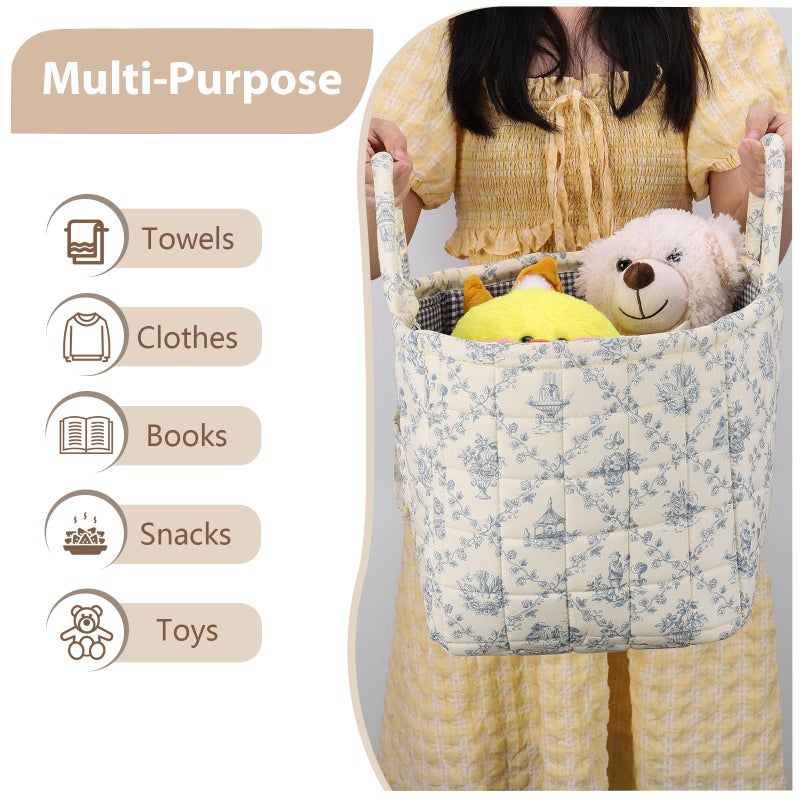 ANKICK Storage Basket Boho Fabric Large Collapsible Floral Laundry Nursery Hamper Portable Folding Storage for Clothes Toys (Vine-Blue A) - Image 3