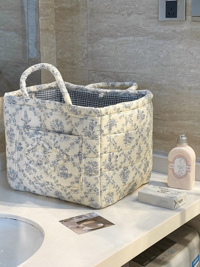 ANKICK Storage Basket Boho Fabric Large Collapsible Floral Laundry Nursery Hamper Portable Folding Storage for Clothes Toys (Vine-Blue A) - Image 1
