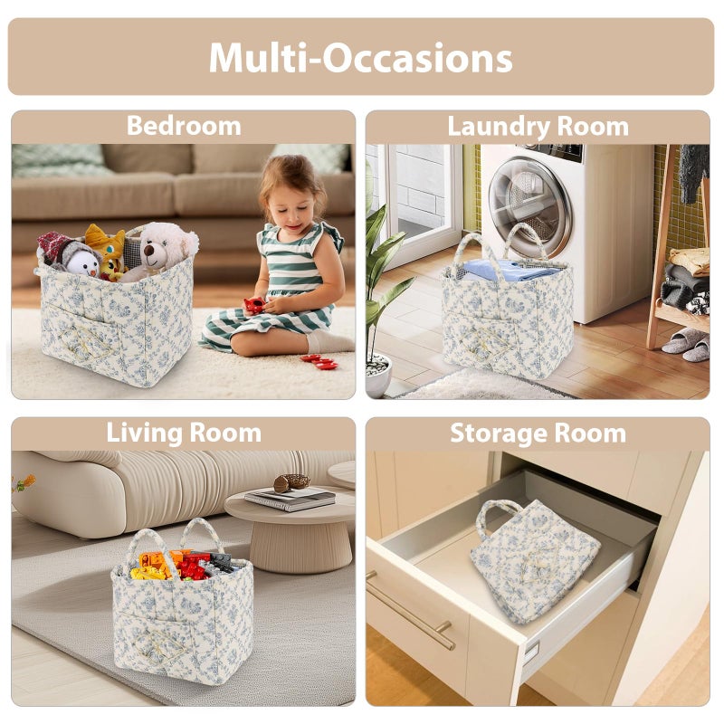 ANKICK Storage Basket Boho Fabric Large Collapsible Floral Laundry Nursery Hamper Portable Folding Storage for Clothes Toys (Vine-Blue A) - Image 4