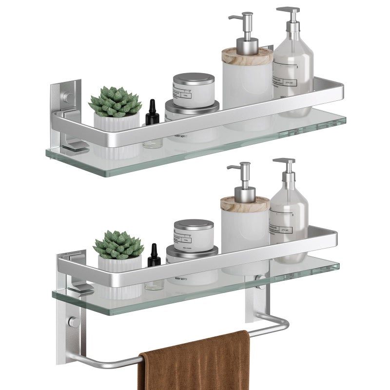 Danpoo Bathroom Shelves Wall Mounted Clear Tempered Glass Shelf with Towel Bar Hand Towel HolderMatte Silver