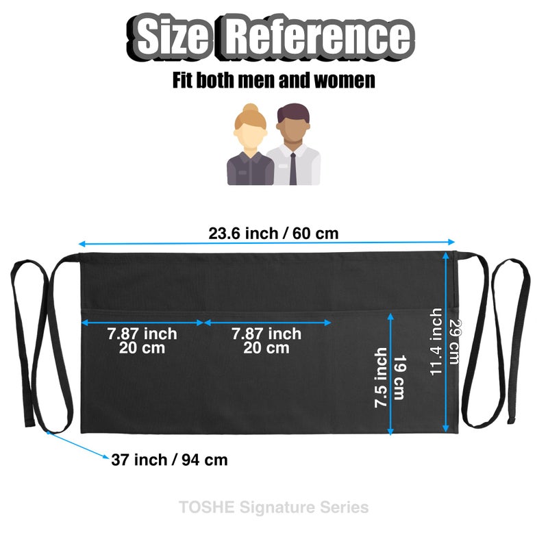 TOSHE Waist Apron with 3 Pockets Waterdrop Resistant Premium Cotton Waitress Apron 10 Color Option Server Apron Chef Apron (Black) - Image 4