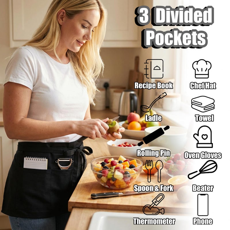 TOSHE Waist Apron with 3 Pockets Waterdrop Resistant Premium Cotton Waitress Apron 10 Color Option Server Apron Chef Apron (Black) - Image 2