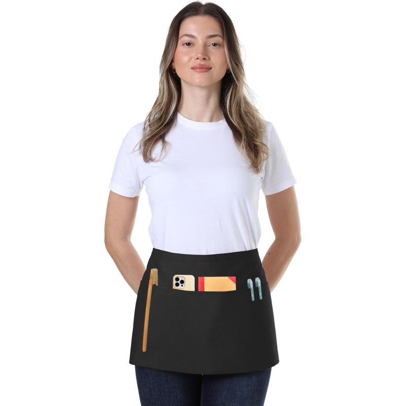 TOSHE Waist Apron with 3 Pockets Waterdrop Resistant Premium Cotton Waitress Apron 10 Color Option Server Apron Chef Apron (Black) - Image 1