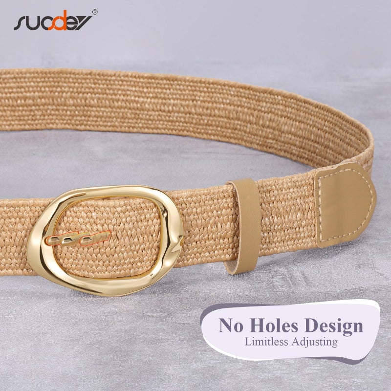 SUOSDEY Women Straw Woven Elastic Belt for Dresses,Boho Rattan Braided Stretch Ladies Waist Belt with Gold Buckle - Image 5