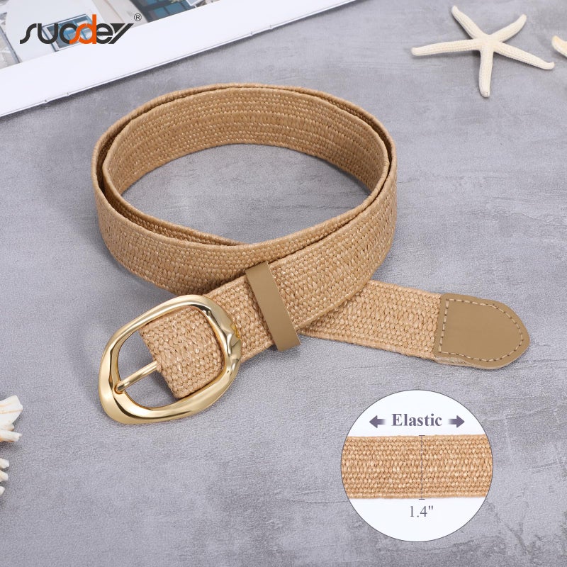 SUOSDEY Women Straw Woven Elastic Belt for Dresses,Boho Rattan Braided Stretch Ladies Waist Belt with Gold Buckle - Image 4