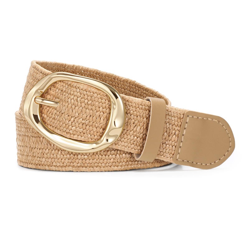 SUOSDEY Women Straw Woven Elastic Belt for Dresses,Boho Rattan Braided Stretch Ladies Waist Belt with Gold Buckle - Image 1