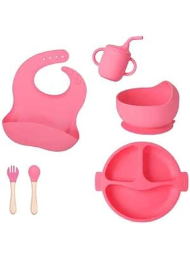 شيكو طقم أدوات تغذية الأطفال من السيليكون (5 قطع) - آمن غذائياً وخالٍ من BPA - يشمل طبق مقسم، وعاء شفط، كوب، وملعقة وشوكة - لون وردي جذاب - Image 1