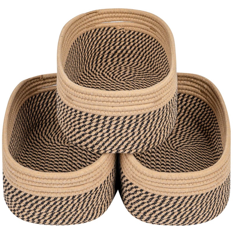 CubesLand Small Baskets Storage Baskets for Organizing Shelves Rectangular Woven Storage Baskets Natural Cotton Rope Toy Storage Bins Closet Baby Baskets Empty Gifts Baskets CamelMixed Black