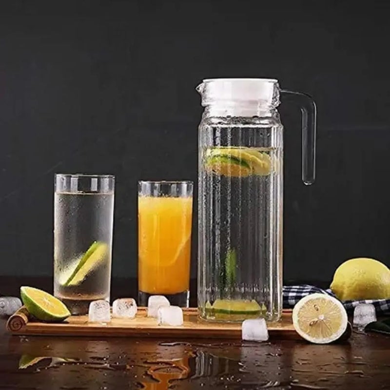 MGE - إبريق ماء زجاجي بغطاء - إبريق زجاجي للثلاجة - زجاجة شاي، عصير فواكه، ليموناضة - زجاجة شفافة - 1 لتر - Image 3