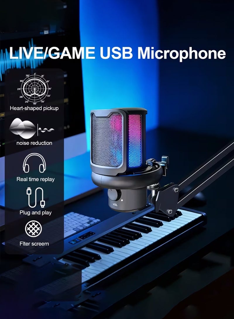 دراكلاو ميكروفون ألعاب، ميكروفون USB للكمبيوتر الشخصي للبث الصوتي والفيديوهات والبث المباشر، ميكروفون مكثف مع خاصية كتم الصوت السريع، فلتر مضاد للتشويش، مؤشر RGB، حامل مضاد للاهتزاز، زر تحكم في مستوى الصوت، متوافق مع PS4/5/PC، مناسب للاعبين ومستخدمي يوتيوب - Image 2
