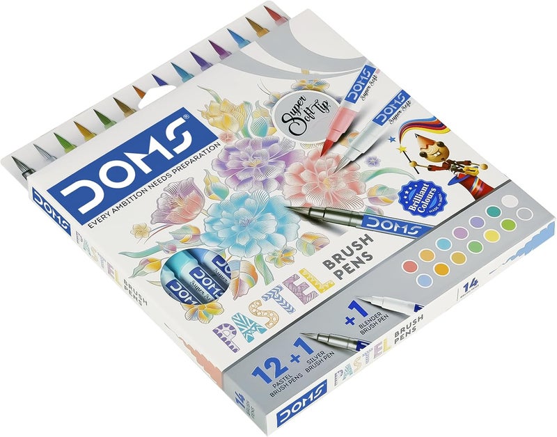 Doms Super Soft Tip Pastel Shades Brush Pen Set | 12 Pastel Shades + 1 Silver Shade + 1 Blender | Ideal for Doodling, Illustrations, Calligraphy, Artists, Studenst & Professioanls | Pack Of 1 - Image 3