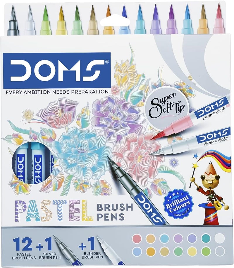 Doms Super Soft Tip Pastel Shades Brush Pen Set | 12 Pastel Shades + 1 Silver Shade + 1 Blender | Ideal for Doodling, Illustrations, Calligraphy, Artists, Studenst & Professioanls | Pack Of 1 - Image 2