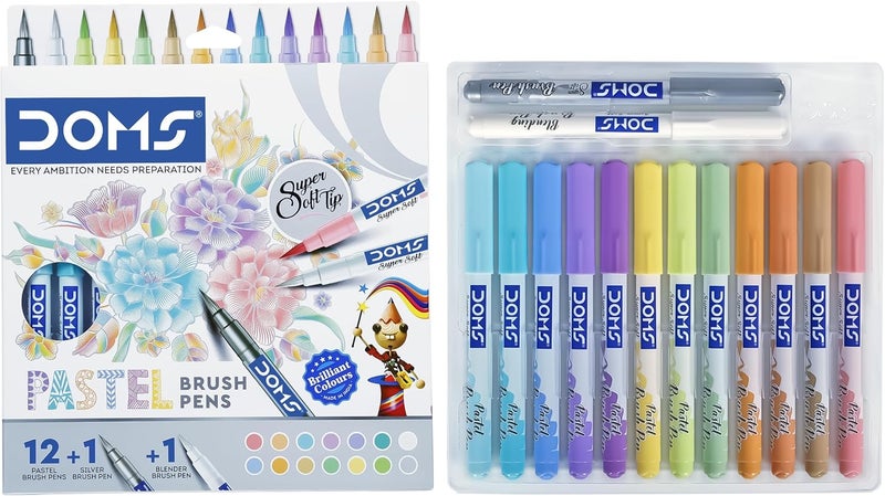 Doms Super Soft Tip Pastel Shades Brush Pen Set | 12 Pastel Shades + 1 Silver Shade + 1 Blender | Ideal for Doodling, Illustrations, Calligraphy, Artists, Studenst & Professioanls | Pack Of 1 - Image 1