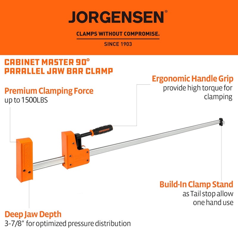 Jorgensen 48-inch Bar Clamps, 90°Cabinet Master Parallel Jaw Bar Clamp Set, 2-pack - Image 2