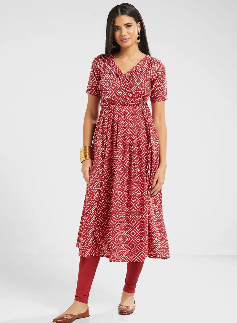 INDDUS Surplice Side Split Printed Kurti
