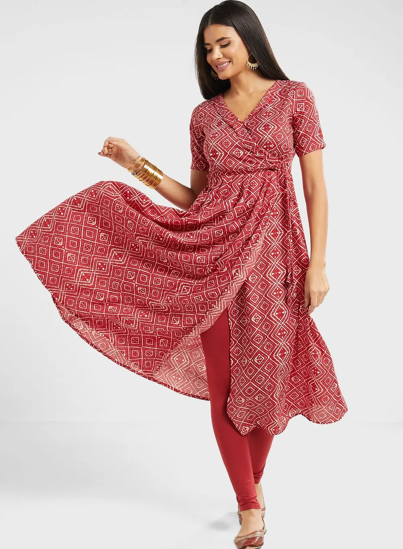 INDDUS Surplice Side Split Printed Kurti