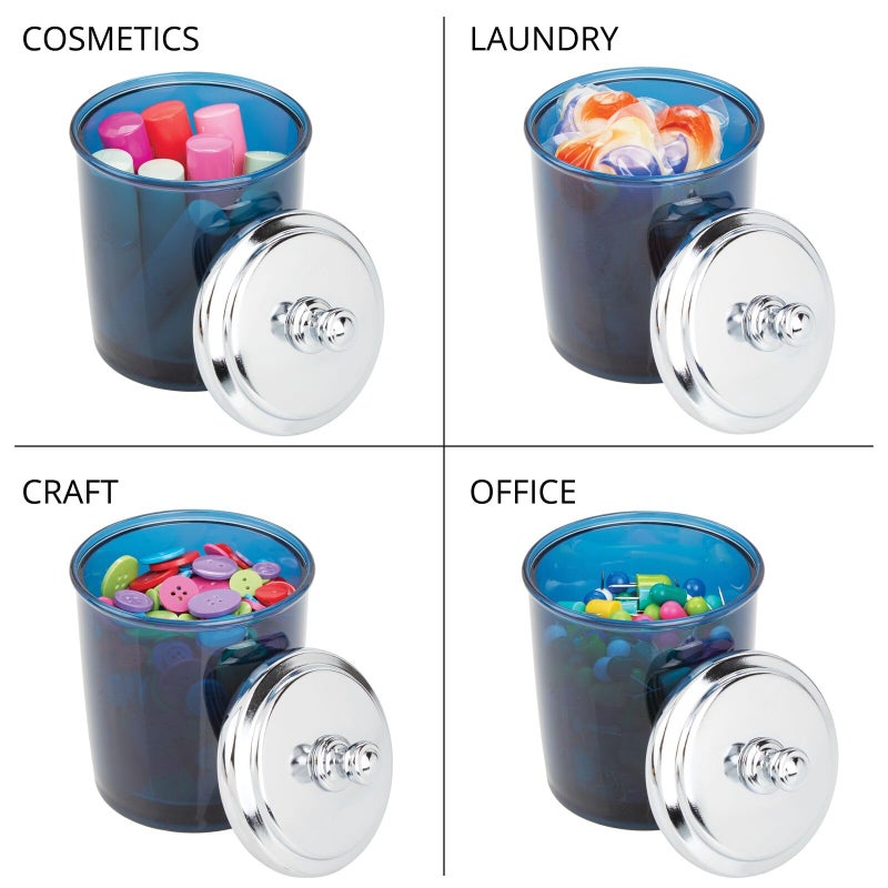 mDesign Bathroom Vanity Storage Organizer Apothecary Canister Jar for Cotton Balls, Swabs, Makeup Sponges, Bath Salts, Hair Ties, Jewelry - Dark Blue/Chrome Lid - Image 5