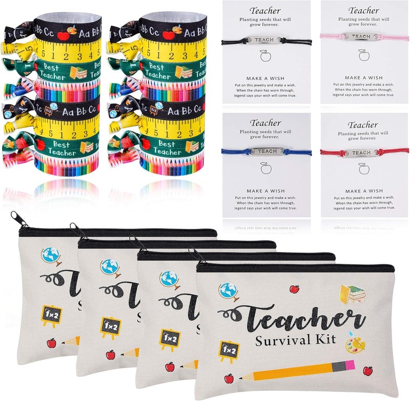 Kolewo4ever 24pcs Teacher Appreciation Gifts 4 Makeup Pouch Cosmetic Bag and Teach Blessing Card Bracelets with Greeting 16 Hair Ties No Crease Ribbon Elastic Ponytail Holder