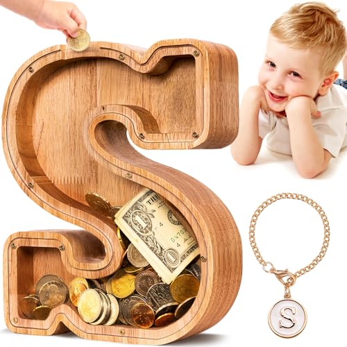 SummiDate Wooden Letter Piggy Bank for Kids Piggy Bank for Boys Girls Toddler Alphabet S Money Bank Personalized Initial Wood Coin Bank Birthday for Kids S - Image 1