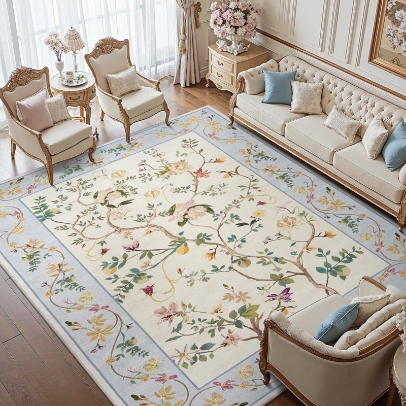 jinchan Floraison 8x10 Area Rug Floral Washable Carpet Indoor Non Slip Soft Netural Chinoiserie Large Low Pile Boho Design Rug for Living Room Bedroom Dining Room Beige/Blue - Image 1