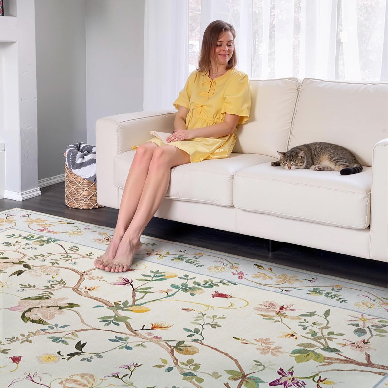 jinchan Floraison 8x10 Area Rug Floral Washable Carpet Indoor Non Slip Soft Netural Chinoiserie Large Low Pile Boho Design Rug for Living Room Bedroom Dining Room Beige/Blue - Image 3