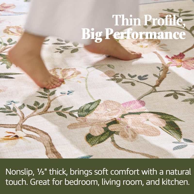 jinchan Floraison 8x10 Area Rug Floral Washable Carpet Indoor Non Slip Soft Netural Chinoiserie Large Low Pile Boho Design Rug for Living Room Bedroom Dining Room Beige/Blue - Image 4