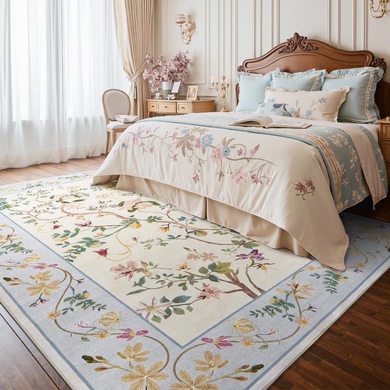 jinchan Floraison 8x10 Area Rug Floral Washable Carpet Indoor Non Slip Soft Netural Chinoiserie Large Low Pile Boho Design Rug for Living Room Bedroom Dining Room Beige/Blue - Image 2