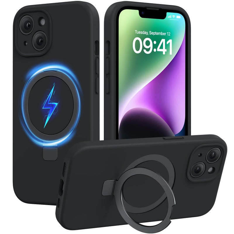 Miracase for iPhone 14 Case with Stand, Compatible with All MagSafe Accessories, Liquid Silicone Case Gel Rubber Shockproof Drop Protection Phone Case for iPhone 14, Black Mag-Stand - Image 1