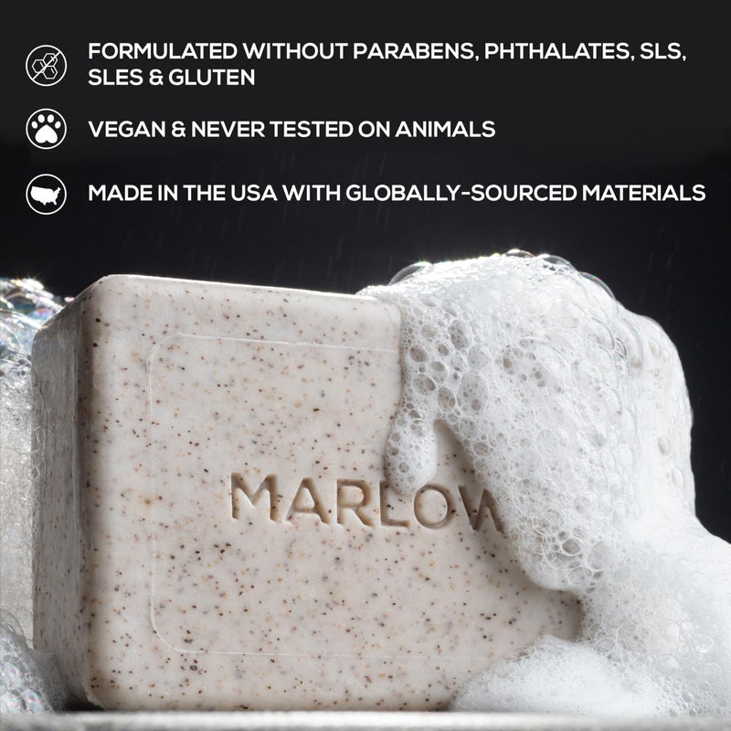 MARLOWE. No. 102 Men's Body Scrub Soap 7 oz (3 Bars) Fresh Original Woodsy Scent, Best Exfoliating Bar for Men, Natural Ingredients, Apricot Seed Powder, Shea Butter, Olive Oil, Green Tea Extracts