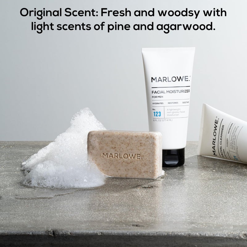 MARLOWE. No. 102 Men's Body Scrub Soap 7 oz (3 Bars) Fresh Original Woodsy Scent, Best Exfoliating Bar for Men, Natural Ingredients, Apricot Seed Powder, Shea Butter, Olive Oil, Green Tea Extracts
