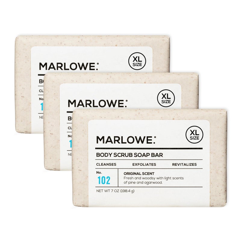 MARLOWE. No. 102 Body Scrub Soap 7 oz (3 Bars), Exfoliating Soap Bar with Shea Butter, Olive Oil & Green Tea Extracts, Cleanses, Smooths & Revitalizes Skin, Original Sage & Fir Scent - Image 1