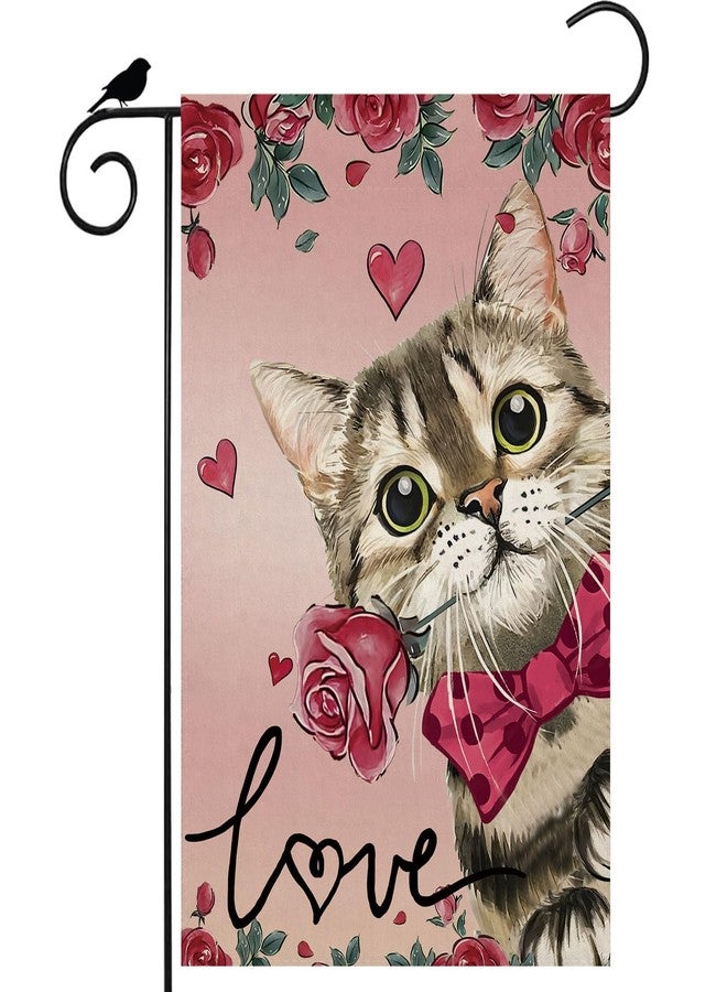 ZAEW Valentines Day Romantic Roses Love Hearts Cat Garden Flag Yard Flag 12x18 Inch Double Sided Small Mini Yard Outdoor Outside Holiday Decoration - Image 1