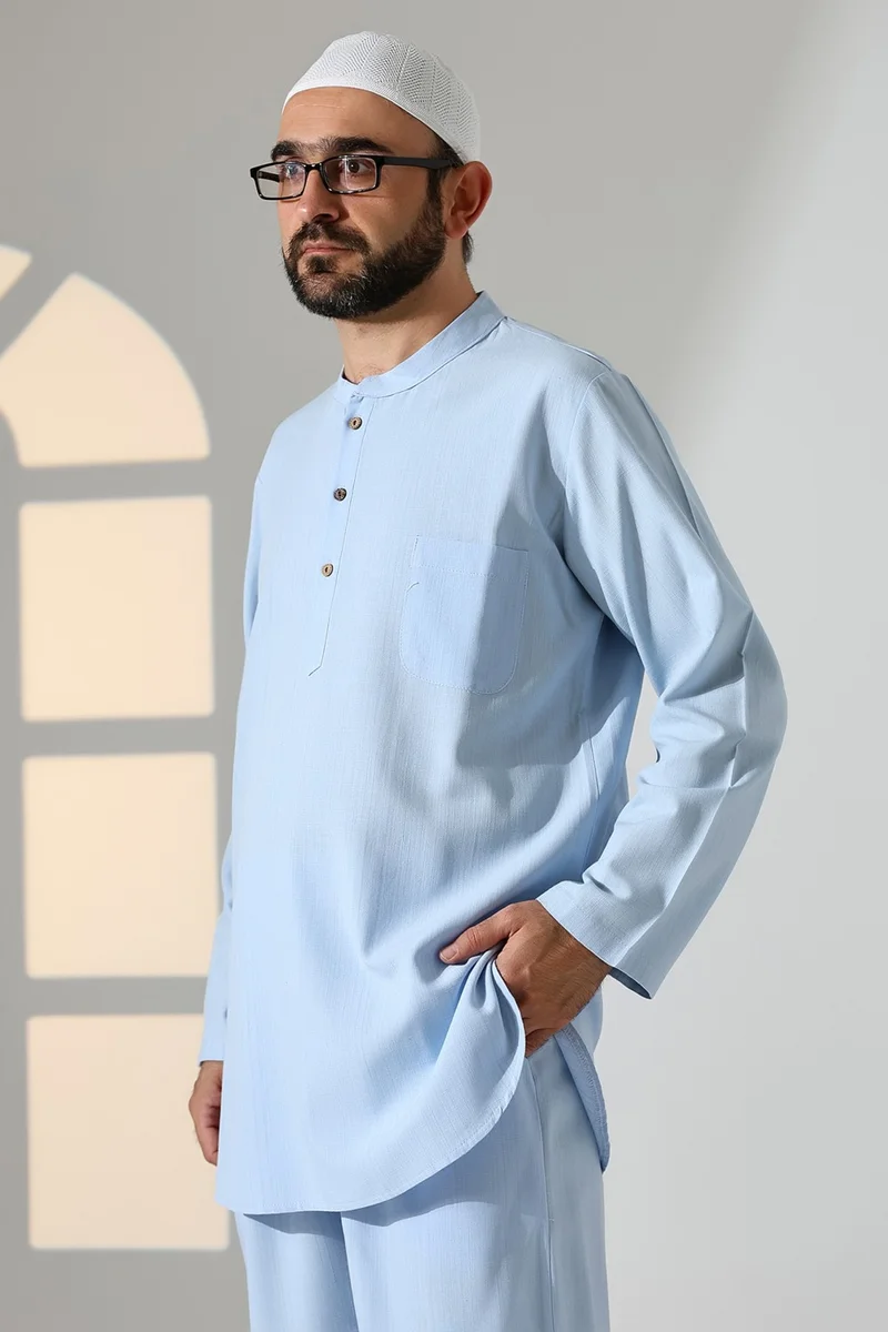 İhvan Online Ihvan Online Men's Single Pocket Mandarin Collar Shirt Trousers Linen Two Piece Set Hajj Umrah Outfit - Light Blue